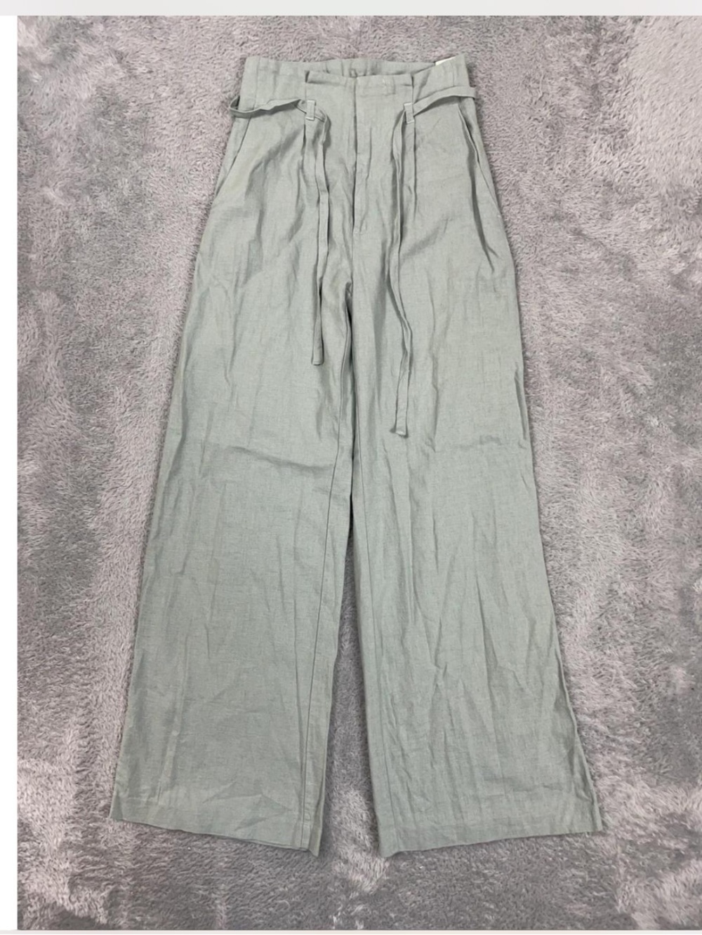 Abercrombie & Fitch Sage Green Wide-Leg Linen Pants with Waist Tie